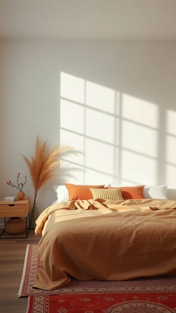 Minimalist bedroom featuring terracotta bedding and soft shadows from window light.