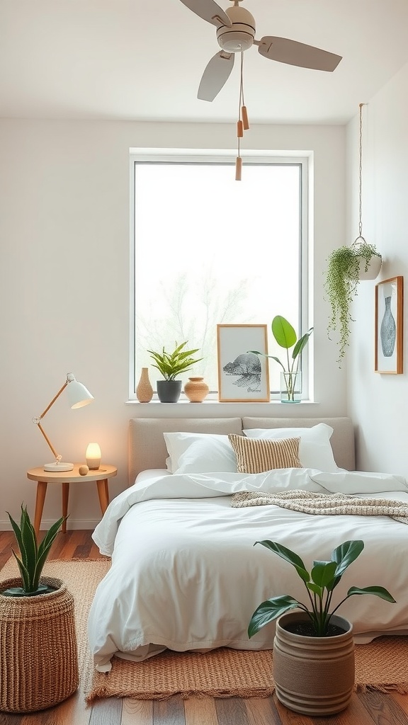 A neutral aesthetic bedroom featuring plants, soft bedding, and natural textures.