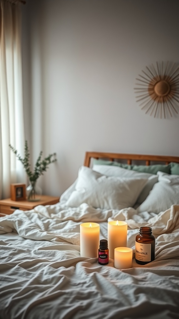 A cozy bedroom with candles, essential oils, and soft bedding, creating a calming atmosphere.