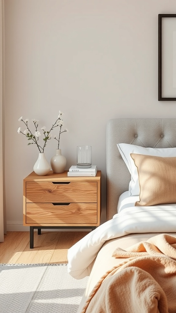 A modern wooden bedside table with two drawers, a vase of flowers, and a glass of water beside a neatly made bed.