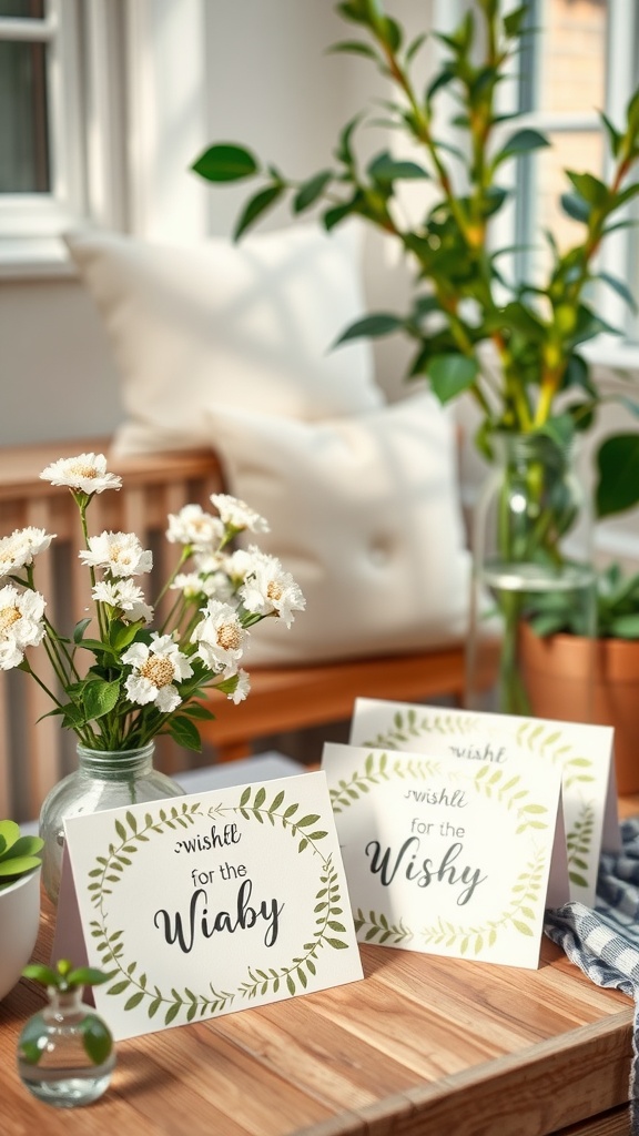 A wooden table with baby shower wish cards, flowers, and greenery.