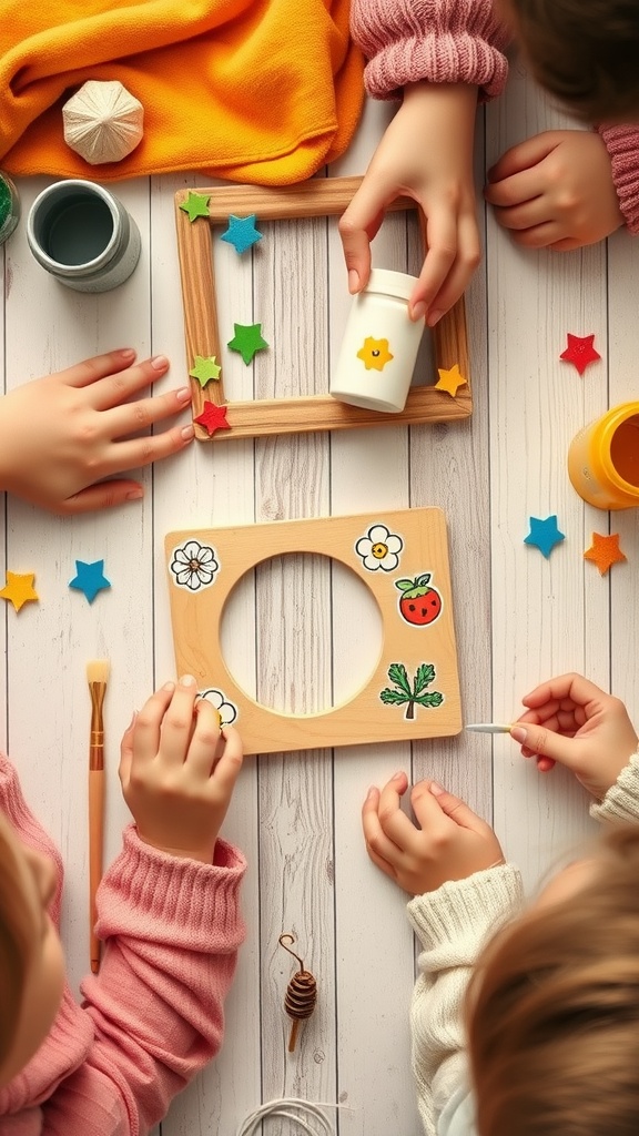 Children decorating wooden photo frames with stickers and paint, engaged in a crafting activity.