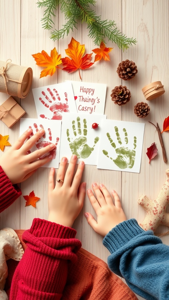 Hands creating colorful handprints on cards surrounded by autumn leaves and pinecones.