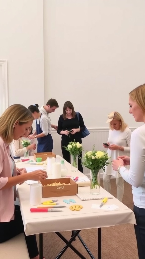 A crafting activity at a neutral boy baby shower with guests using crafting supplies on a table.