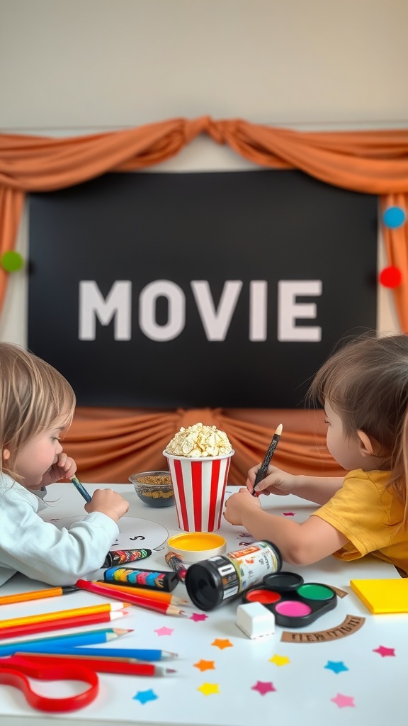 Two children crafting movie-themed invitations with colorful supplies.