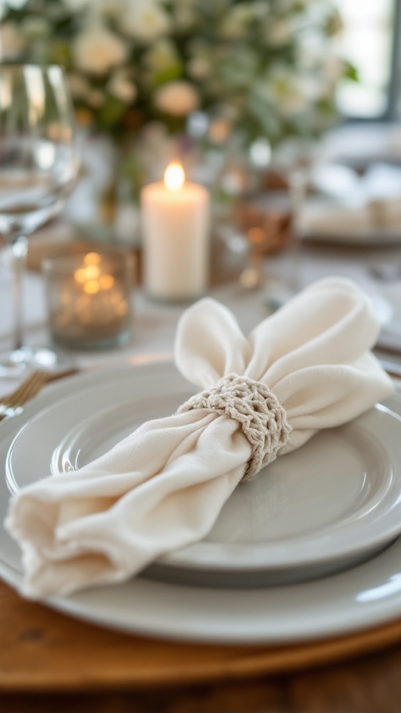 A beautifully set dining table featuring a crochet napkin ring holding a white napkin, with a candle and flowers in the background.