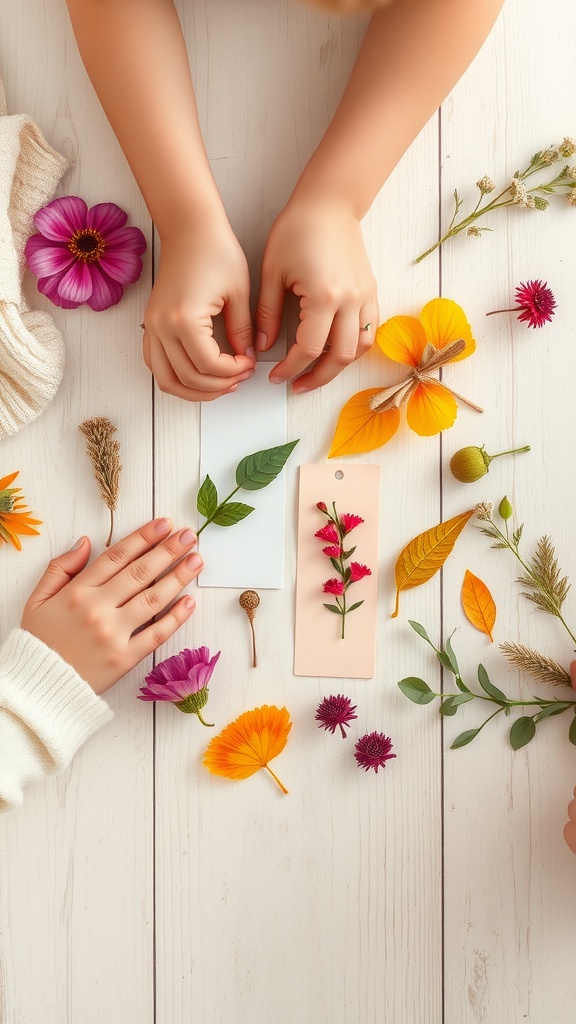 Hands working on nature-themed bookmarks with colorful leaves and flowers