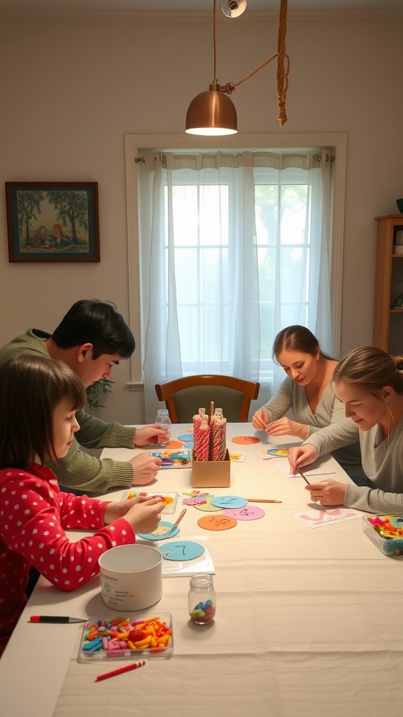 A family gathered around a table engaged in a crafting session, creating decorations for a gender reveal.