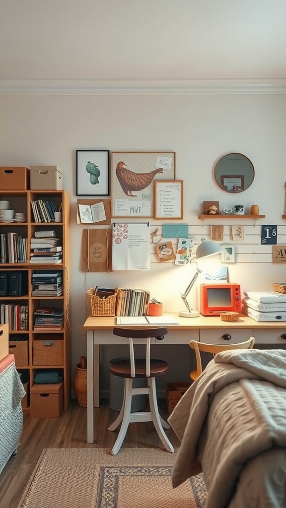 A cozy crafting space in a bedroom with a desk, organized supplies, and inspiration boards.