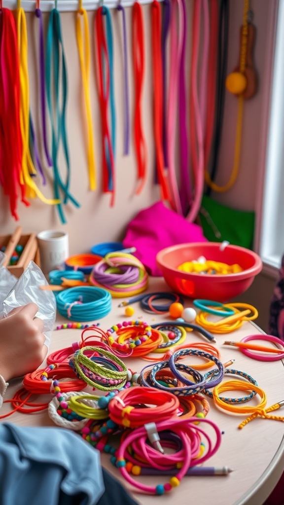 Colorful crafting station for making friendship bracelets with various strings and beads.