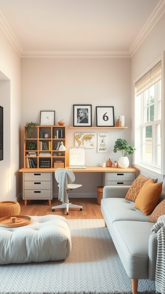 Cozy crafting station in a living room with organized supplies and comfortable seating.