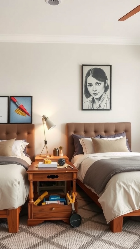 A cozy bedroom with two beds and a wooden nightstand in between, featuring a lamp and decorative items.