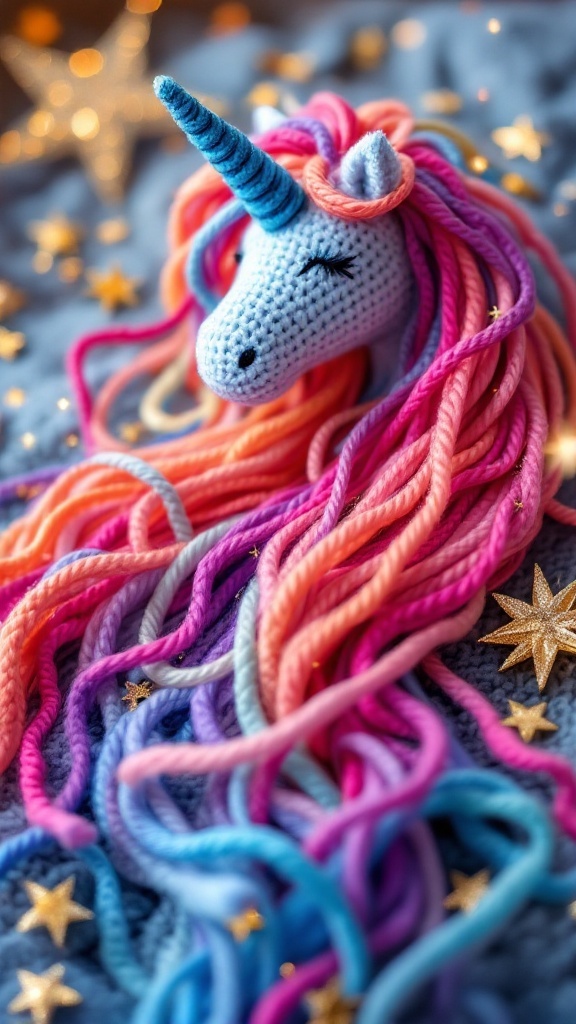 A colorful crocheted unicorn head with a vibrant mane made of pink, blue, and purple yarn, surrounded by stars