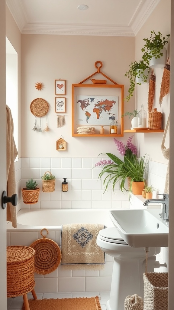Colorful kids bathroom decor with plants, wall art, and woven baskets