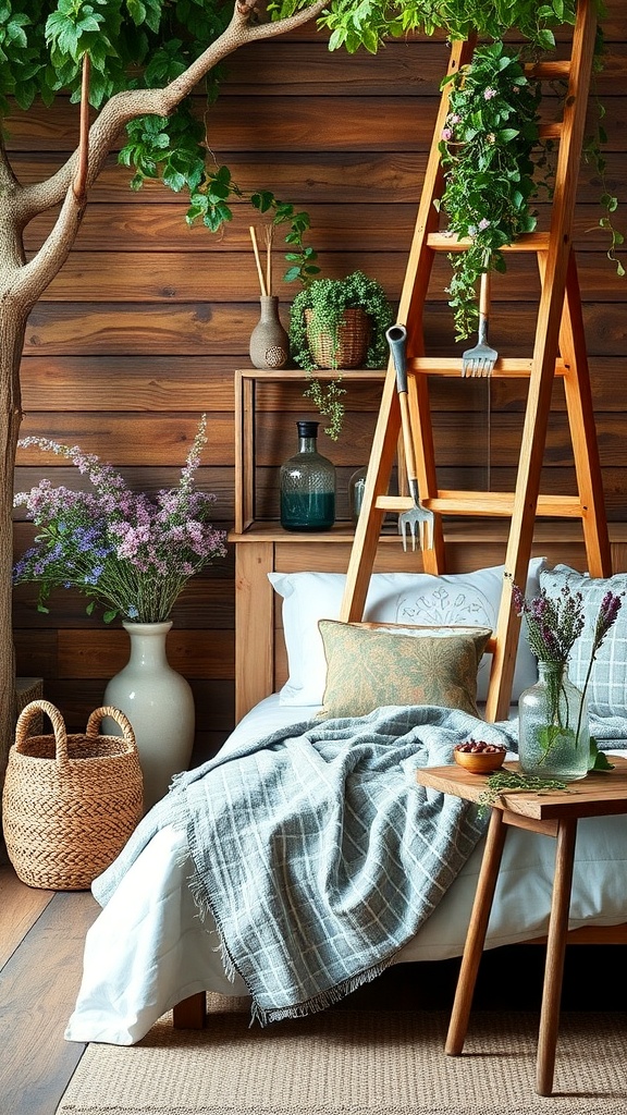 A wooden ladder with hanging plants beside a bed and decorative items in a cozy room.
