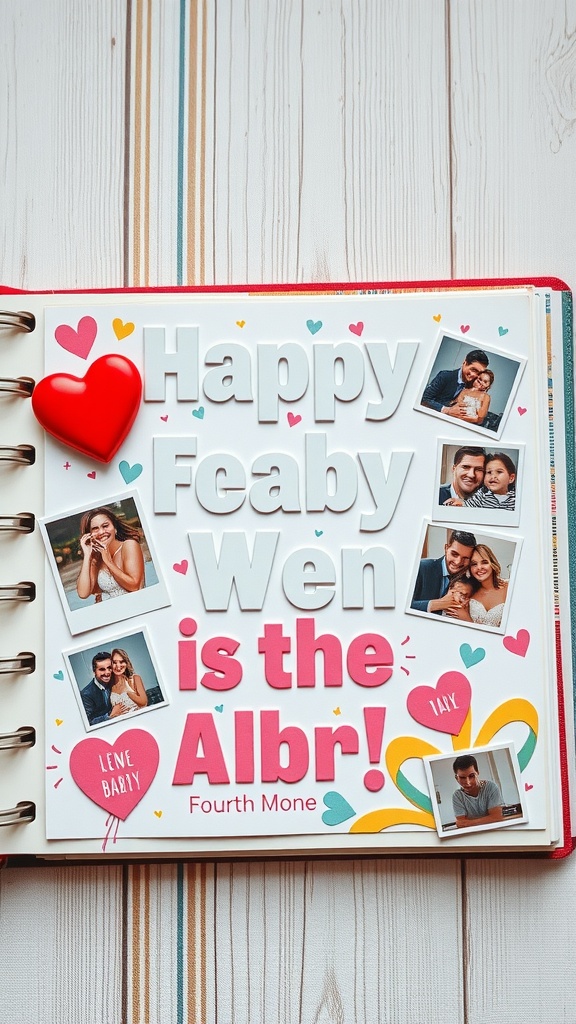 A colorful scrapbook page announcing a fourth baby with photos and decorative elements.