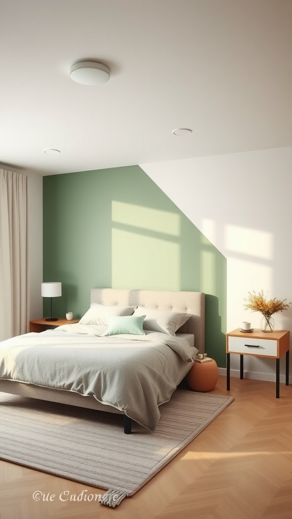 A bedroom with cream and sage color block walls, featuring wooden furniture and natural textures.