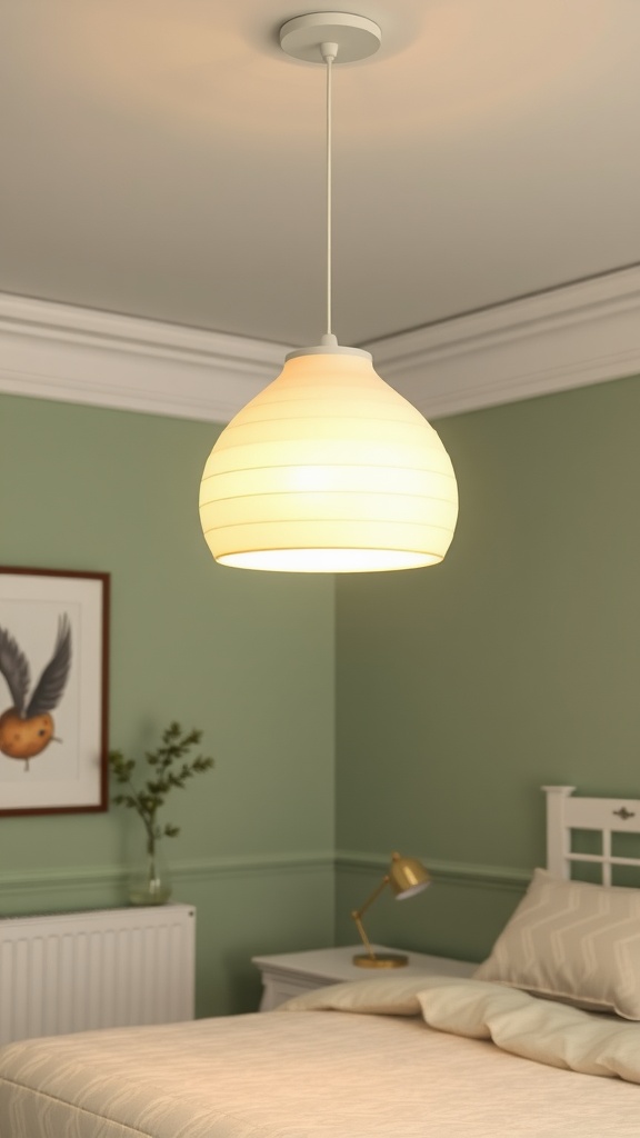 Cream pendant light hanging in a sage-colored bedroom