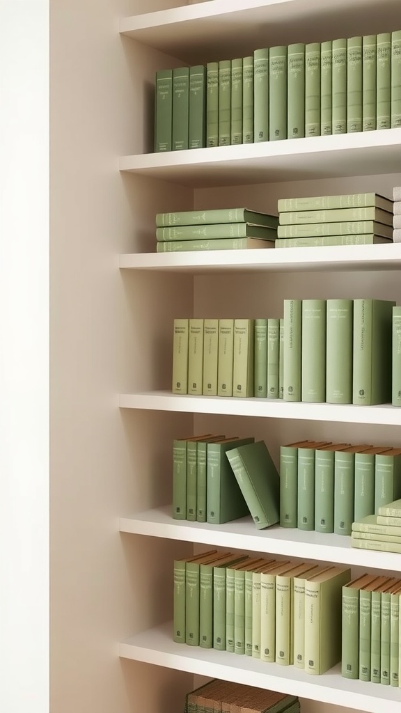 Cream shelves filled with sage green books in a cozy bedroom setting