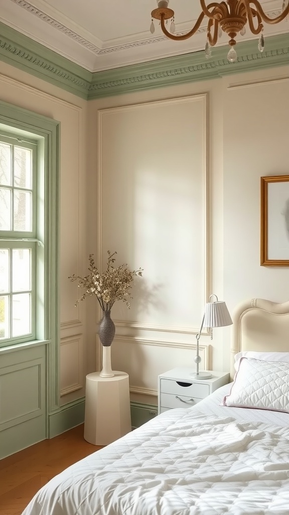 A cozy bedroom featuring cream walls with sage green trim, a neatly made bed, and elegant decor.