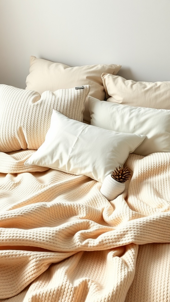 Creamy textured bedding with various pillows and a knitted throw