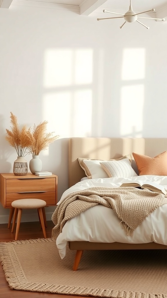 A calming bedroom with a cozy bed, warm colors, and natural decor elements.