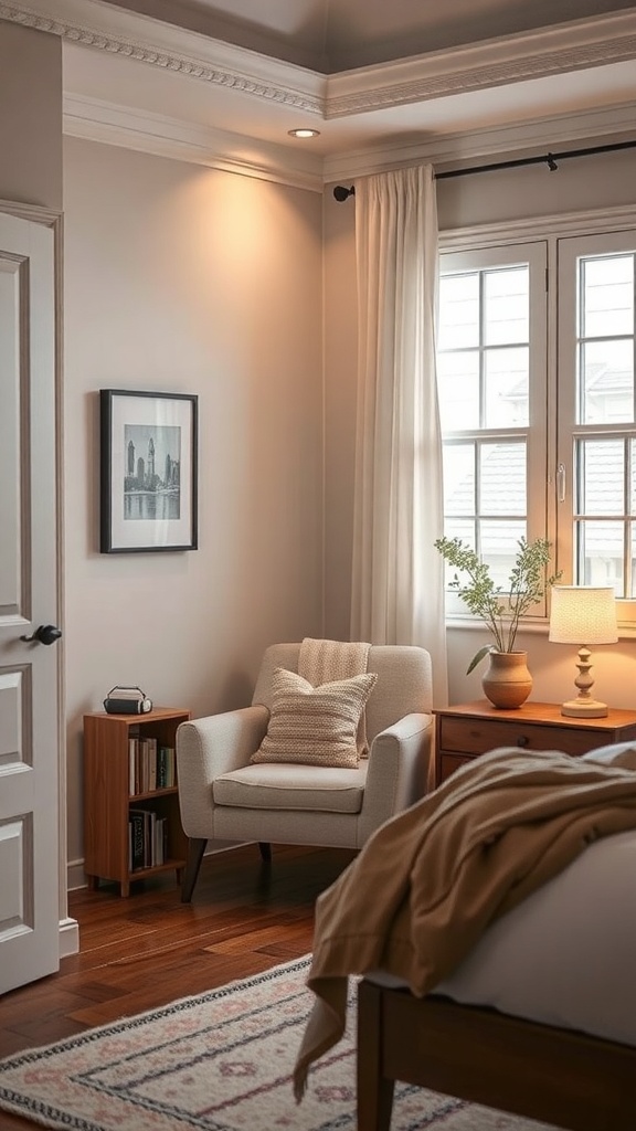 Cozy reading nook in a bedroom with an armchair, pillows, and a side table with a lamp.