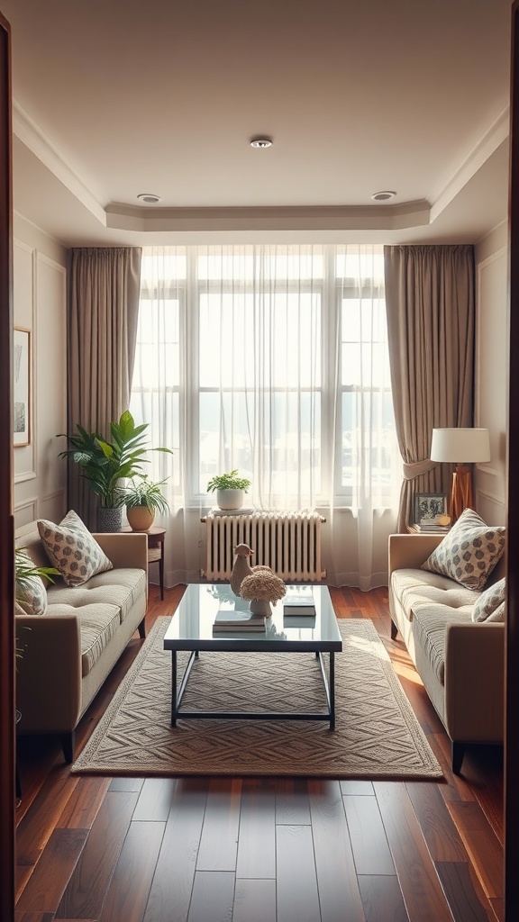Cozy Scandinavian living room with symmetrical furniture arrangement and natural light.
