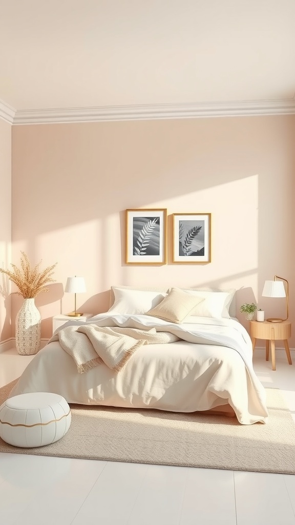 A clean girl bedroom featuring soft pink walls, neutral bedding, and wooden furniture, creating a serene atmosphere.