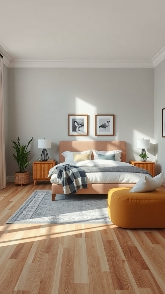 A chic mom bedroom featuring a cozy layout with soft colors, a bed with pillows, stylish nightstands, a rug, an ottoman, and plants.
