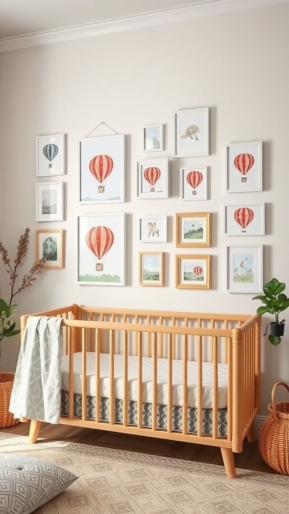 A nursery with a gallery wall featuring hot air balloon artwork and a wooden crib
