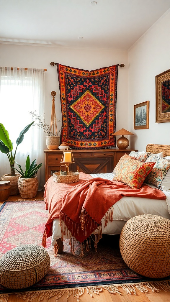 A cozy bohemian bedroom featuring terracotta tones, a colorful wall hanging, and natural elements.