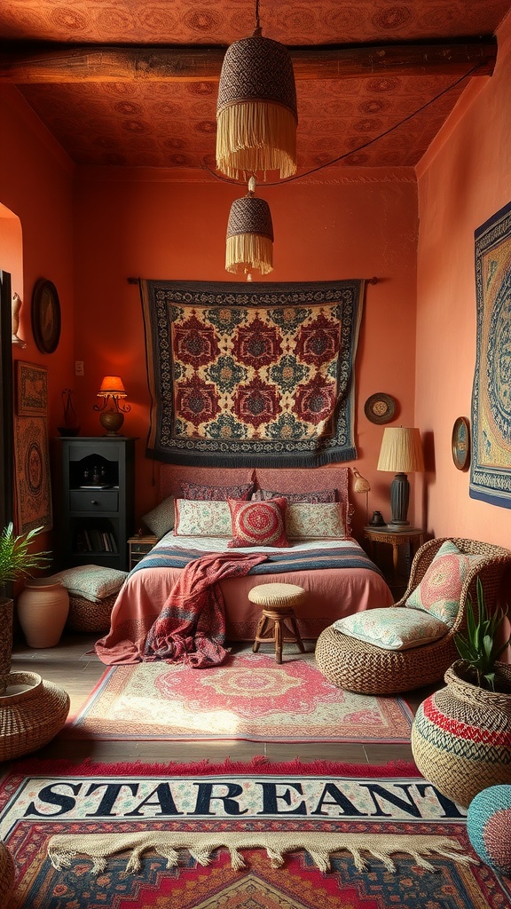 Bohemian-style bedroom featuring terracotta walls, layered textiles, and warm lighting.