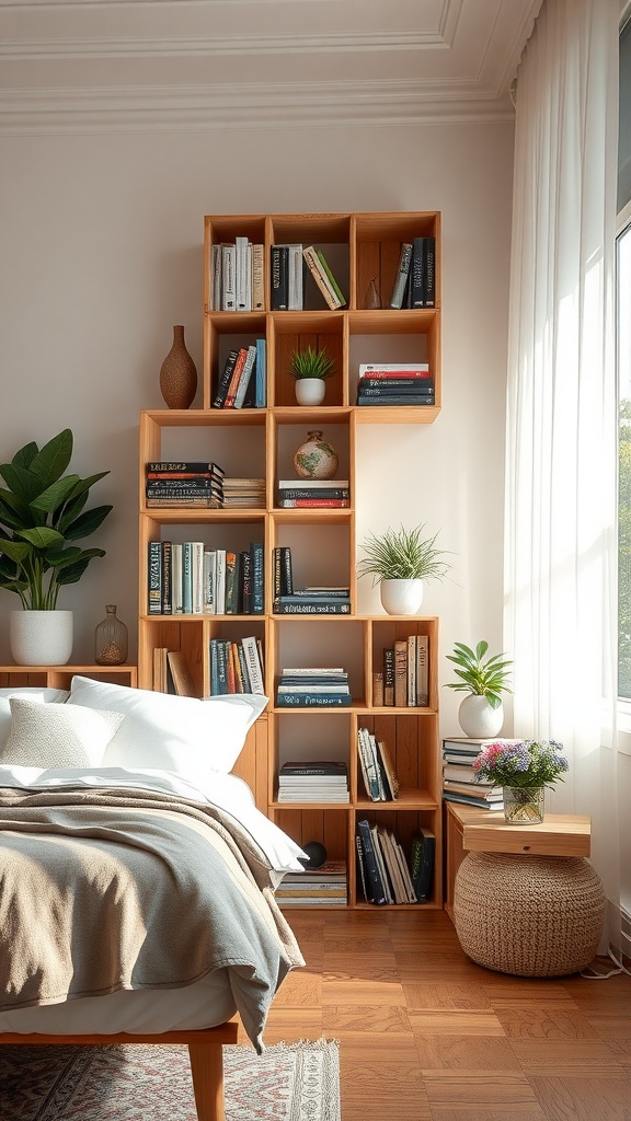 A stylish bookshelf made from wooden crates in a cozy bedroom setting, showcasing books and plants.