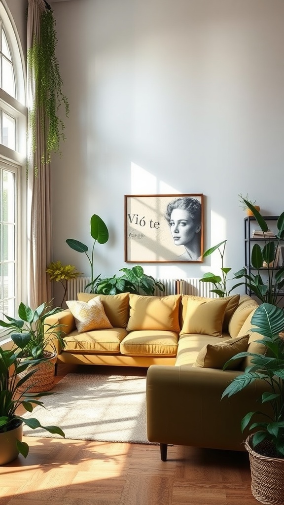 A cozy living room with an olive green couch surrounded by various plants and a large window.