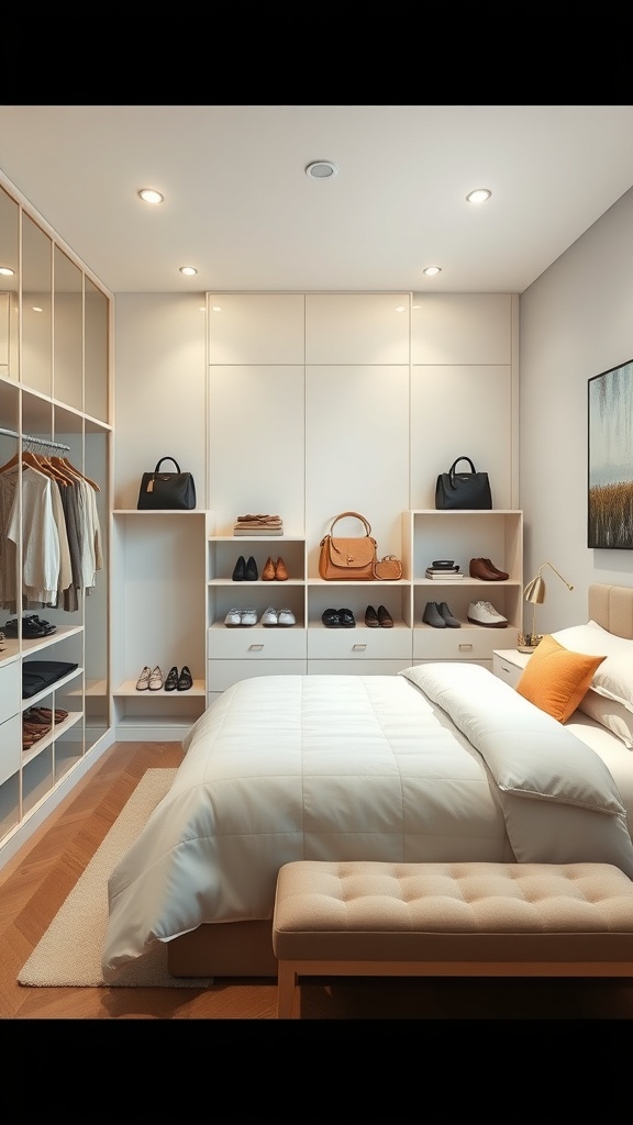 Stylish walk-in wardrobe with organized display areas for shoes and bags, featuring warm lighting and a cozy bench.