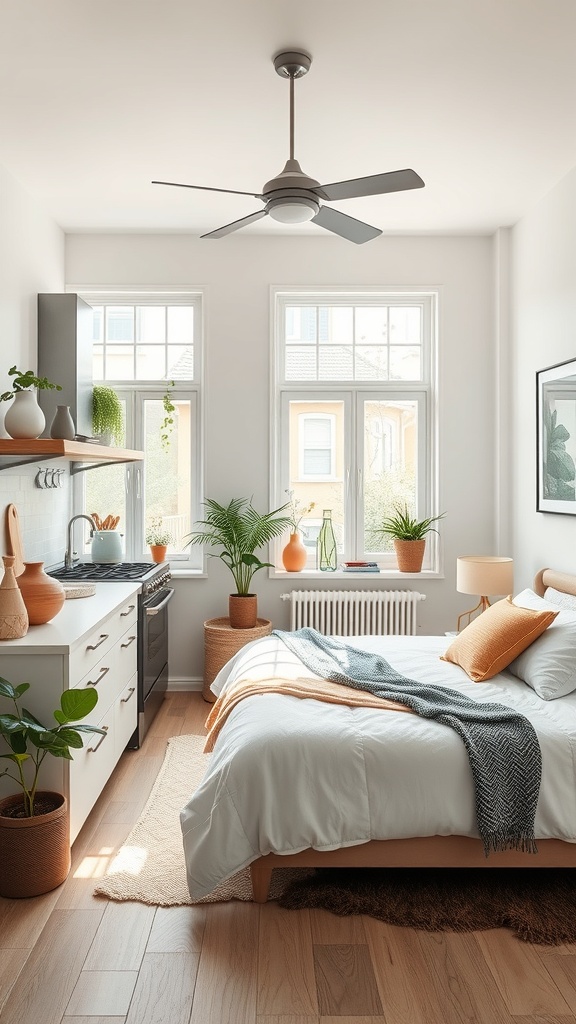 Bright farmhouse kitchen with large windows, plants, and a cozy atmosphere.