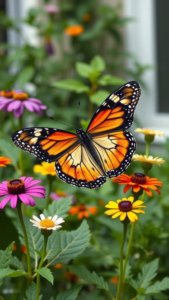 A Monarch butterfly perched on colorful flowers in a garden.