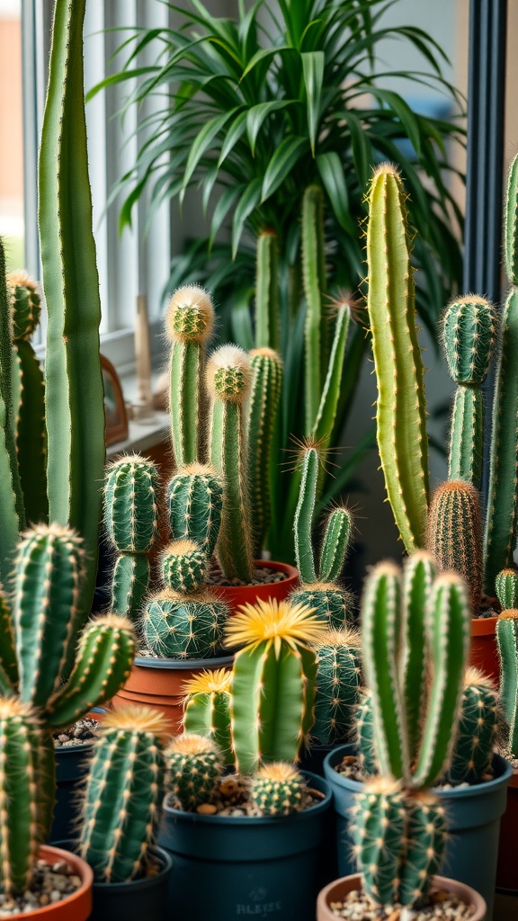 A variety of cacti in pots, showcasing different shapes and sizes, with a green plant in the background.