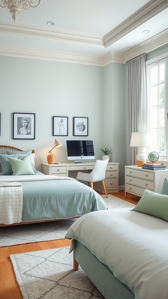 A serene bedroom office combo with soft green walls, a desk, and natural light.
