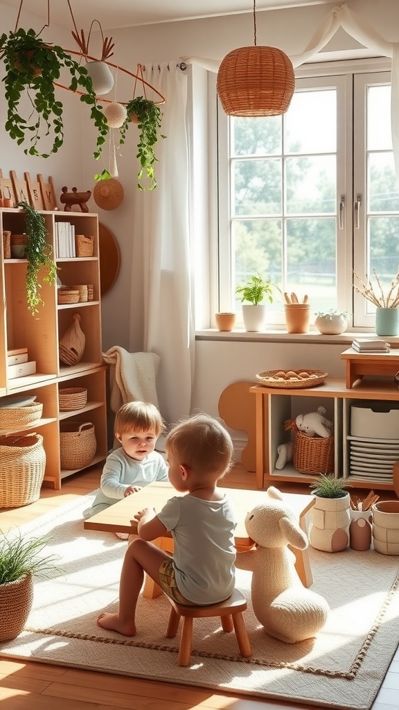 A calm Montessori toddler room with two children playing at a small table, surrounded by natural light and plants.
