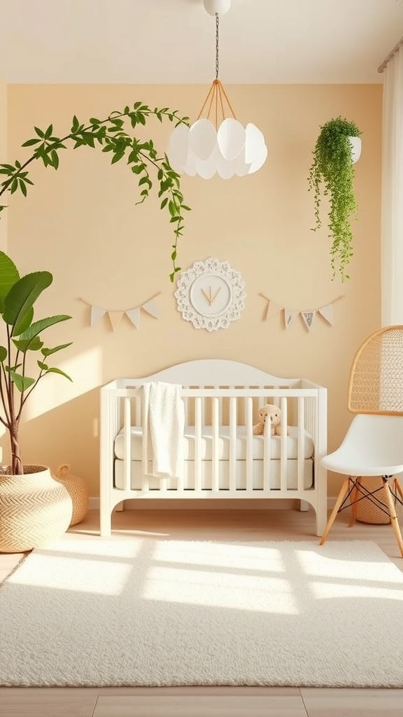 A cozy nursery with yellow walls, a white crib, and plants, creating a calming atmosphere.