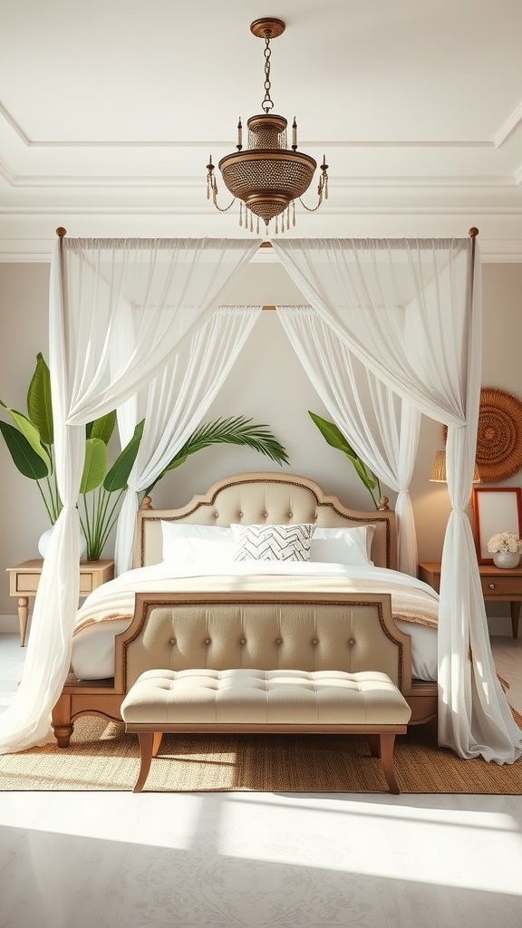 A beautifully styled canopy bed with soft curtains, surrounded by plants and warm lighting.