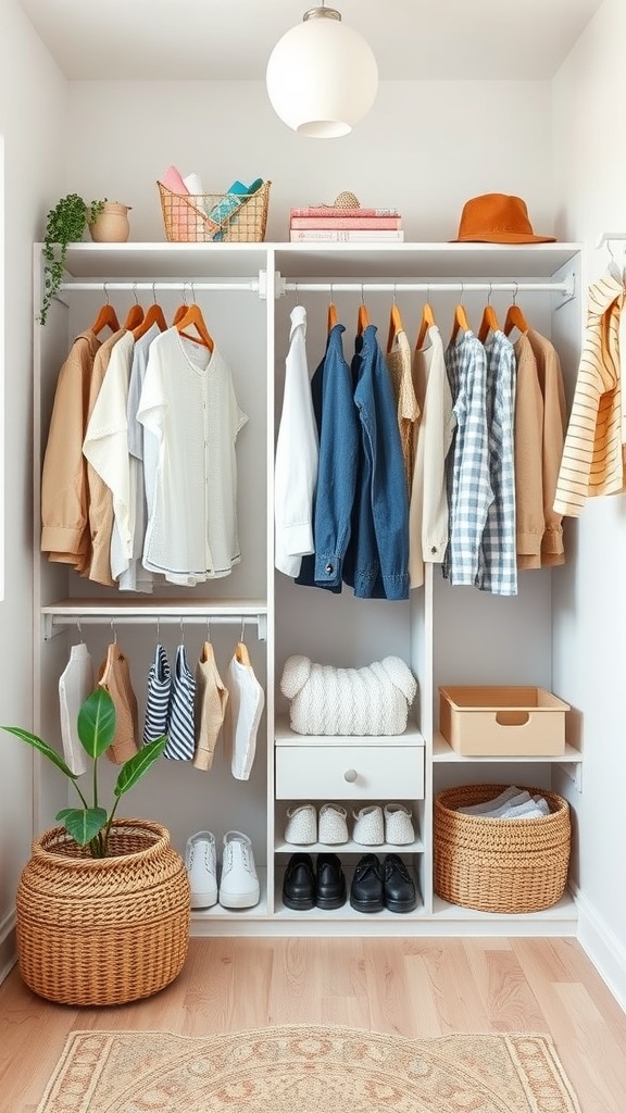 A neatly organized kids' closet with a variety of clothing options, including shirts, sweaters, and accessories.