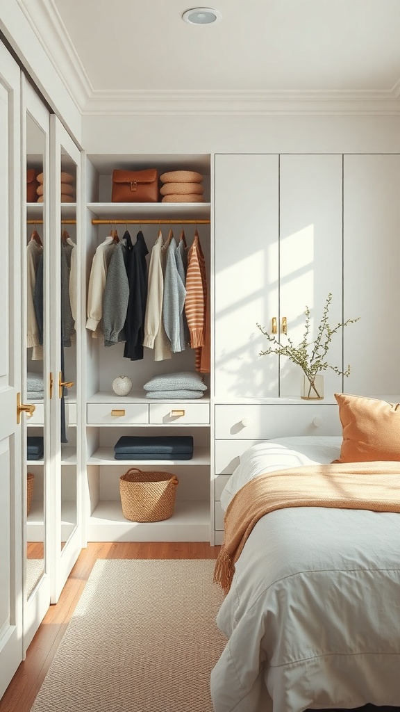 A well-organized closet with neatly hung clothes, folded items, and decorative elements.