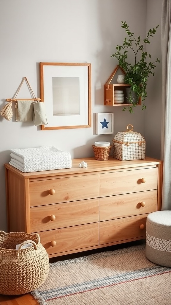 A nursery dresser organized for a changing station with baskets and a cozy blanket.