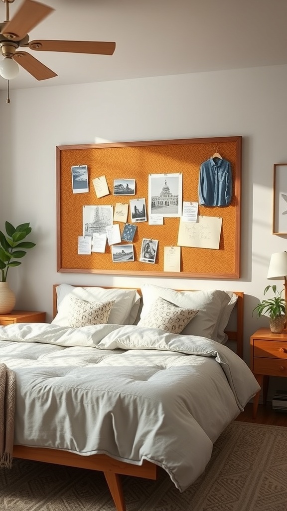 A cozy bedroom with a large corkboard above the bed displaying photos and notes.