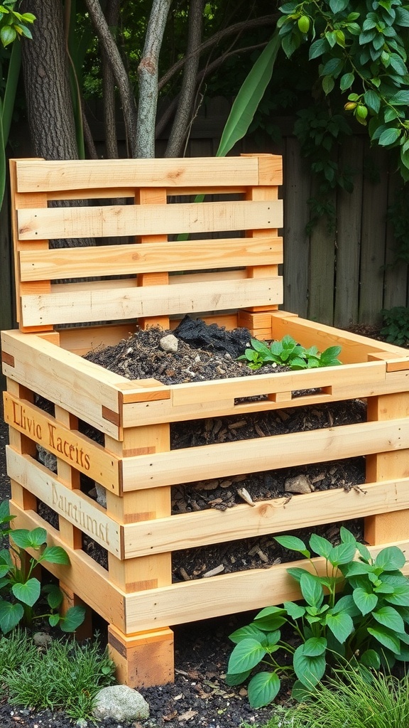 A compost bin made from wooden pallets, filled with compost and surrounded by green plants.