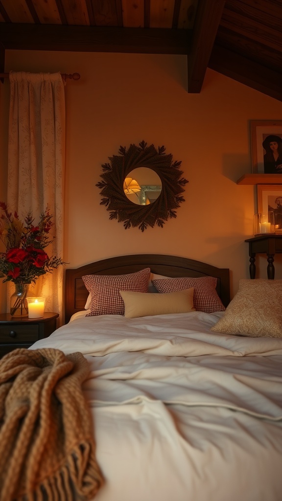 Cozy guest bedroom with soft bedding, warm lighting, and decorative elements