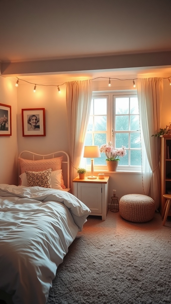 A cozy shared bedroom with twin beds, soft lighting, decorative pillows, and plants.